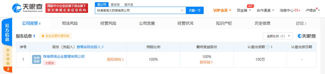 公司成立珠海高格大药房,经营范围含药品互联网信息服务等